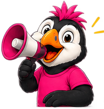 Fringe Success puffin mascot with a megaphone