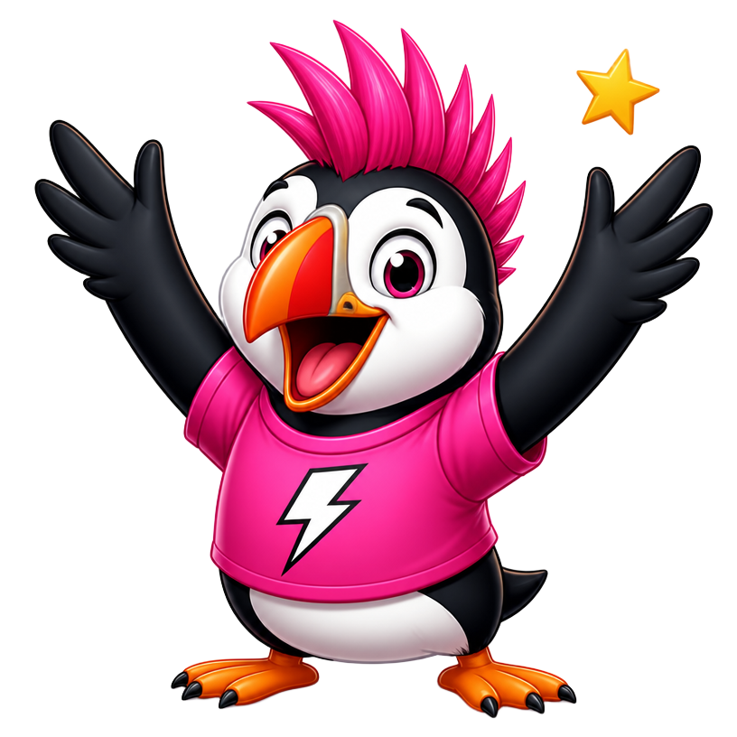 Fringe Success puffin mascot celebrating