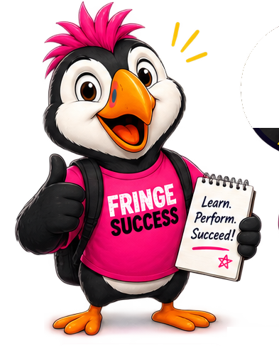 Fringe Success puffin mascot holding a notebook