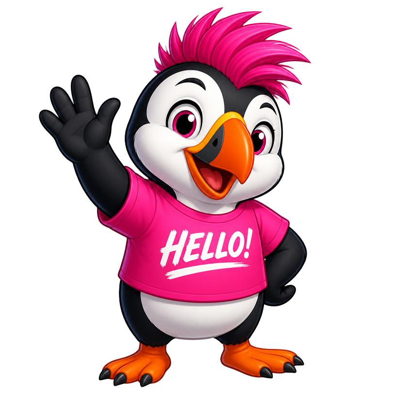 Fringe Success puffin mascot waving hello